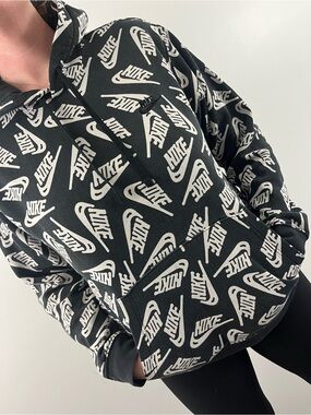 Nike Sportswear Allover Logo Print Pullover Hoodie Black White Size Large
